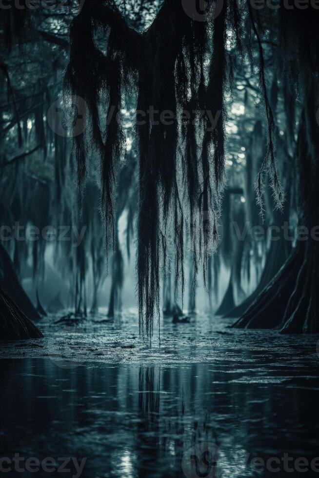 Mossy trees in a tranquil swamp photo