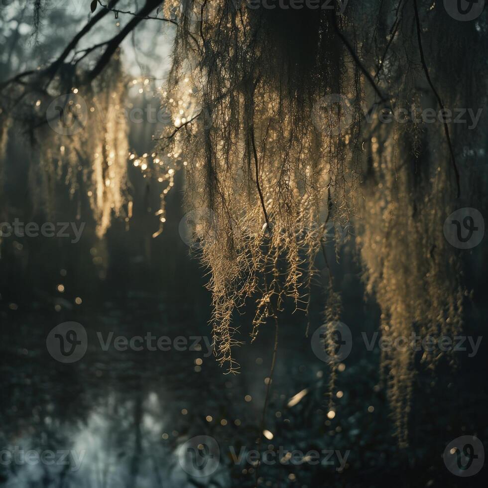 Dawn moss on tree branches photo