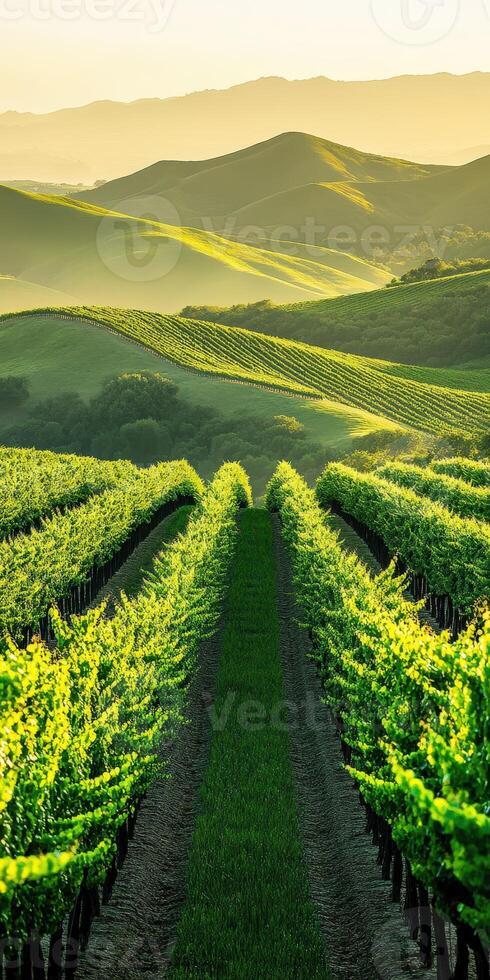 A vineyard with rows of green plants photo