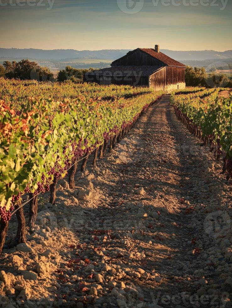 Vineyard path, rustic barn photo