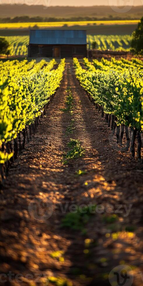 Vineyard rows glow in golden light photo