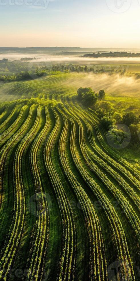An aerial view of a vineyard field at sunrise photo