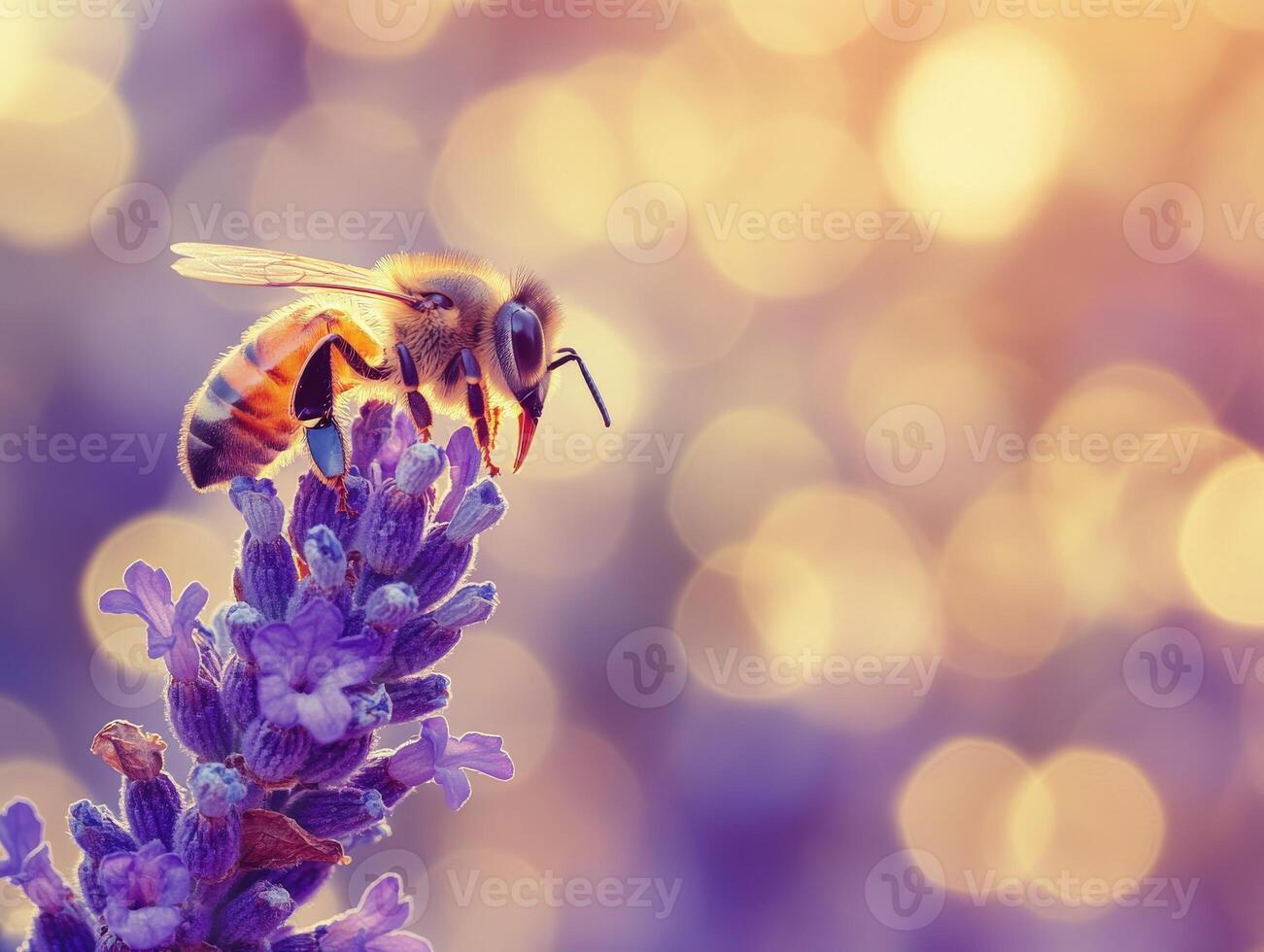 A bee is on a lavender flower with a bokeh background photo
