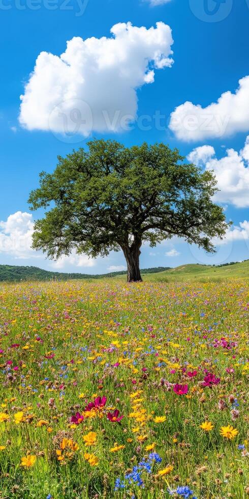 A tree in a field of wildflowers photo