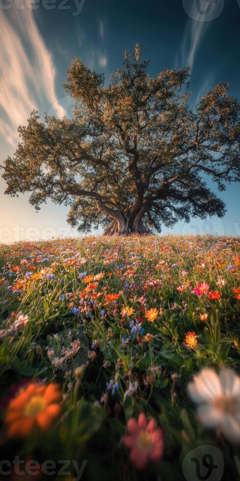 Blooming meadow under a large tree photo