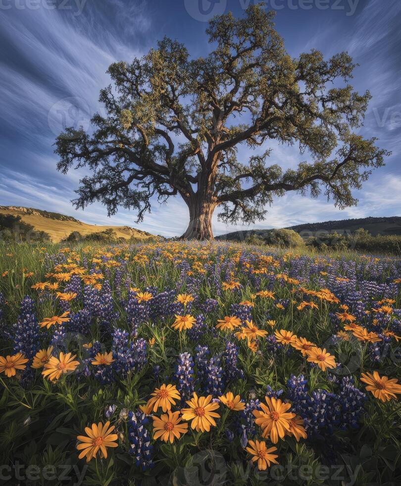Tree amid wildflowers photo