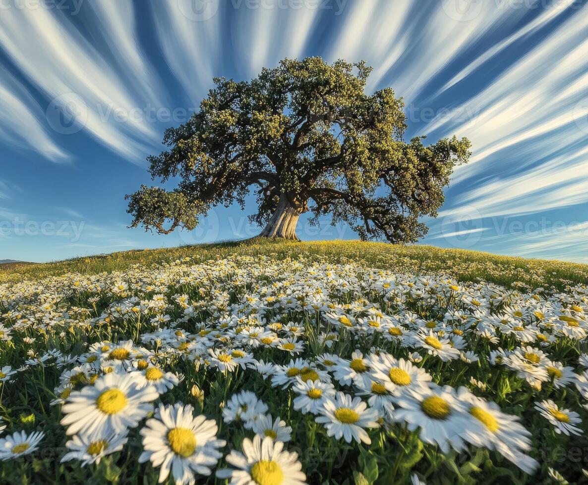 Majestic tree surrounded by daisies photo