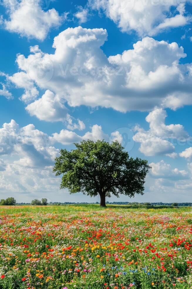 A tree stands in a field of flowers with clouds in the background photo