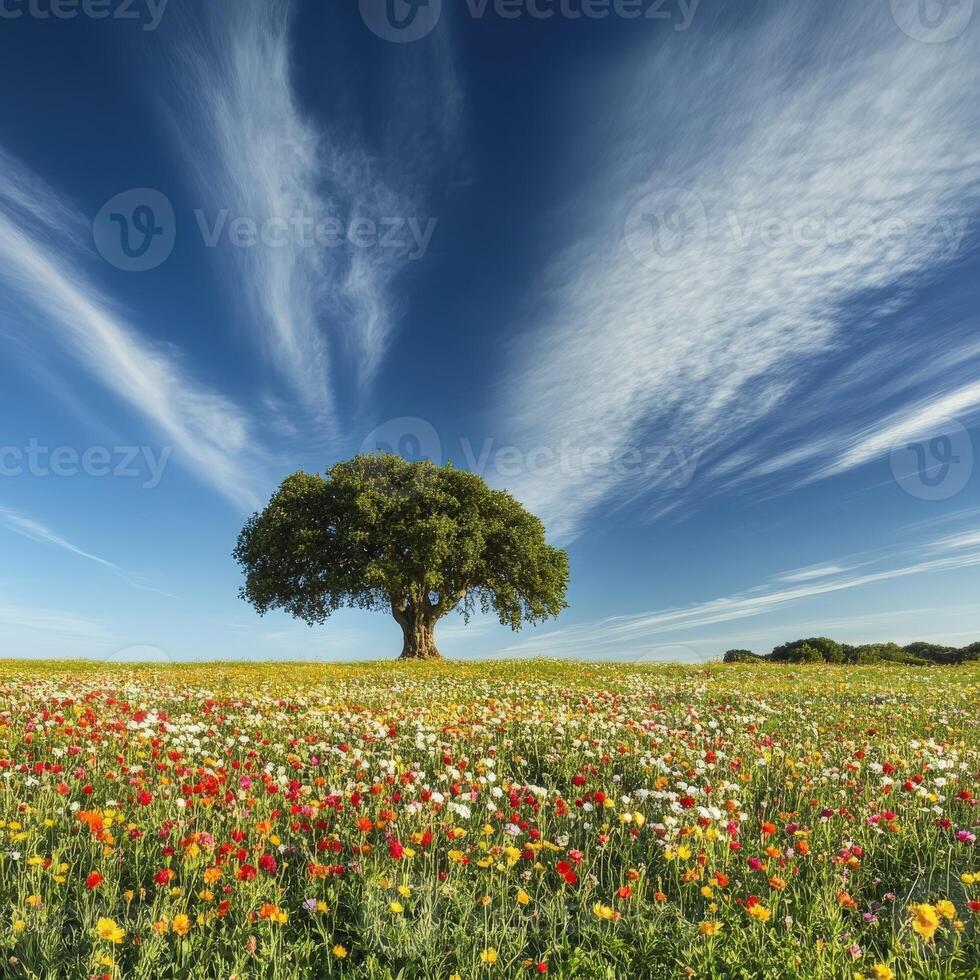 Colorful wildflower field with tree photo