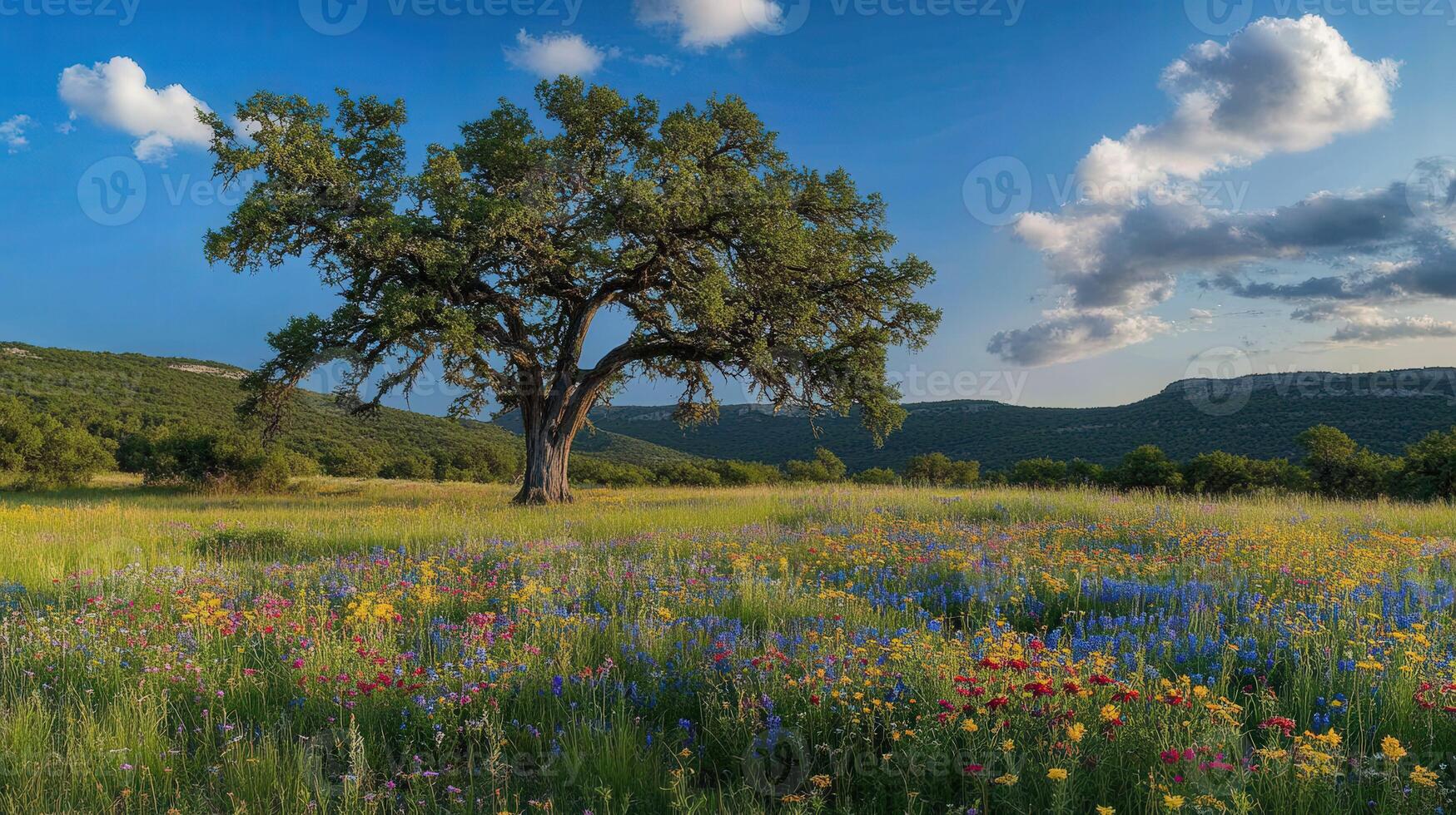 A large oak tree in a field of wildflowers photo