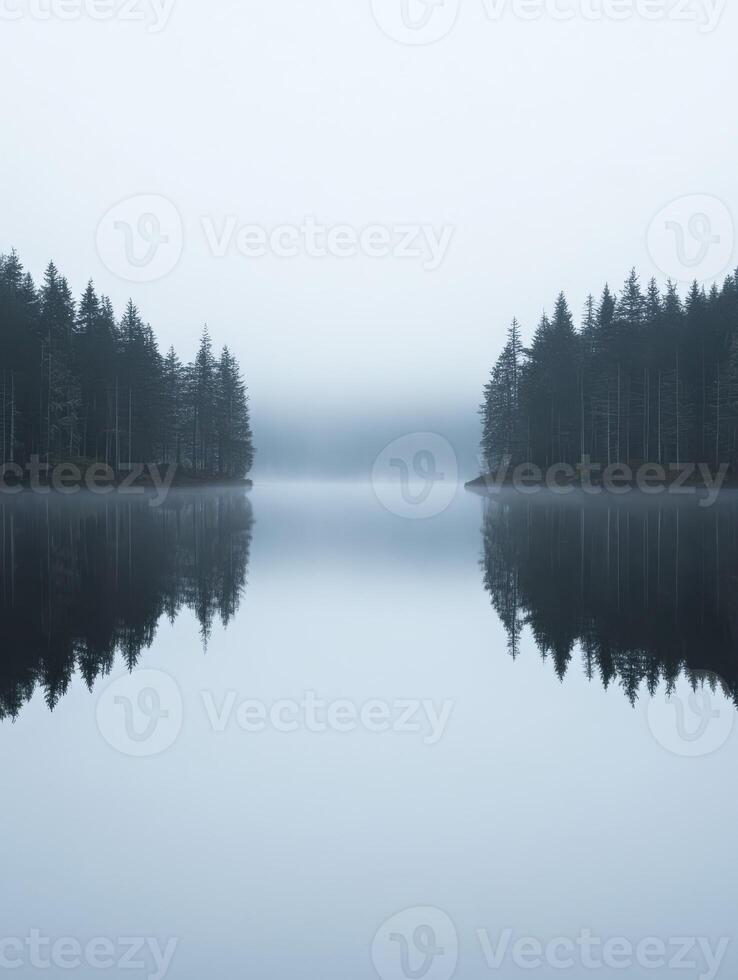 Trees mirrored in misty lake photo