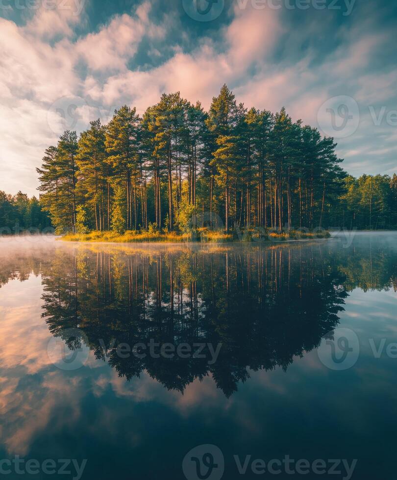 Still lake reflects surrounding trees at dawn photo