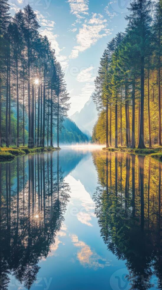 Tranquil still lake surrounded by tall trees photo