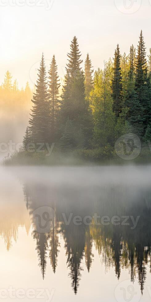 A misty morning on the lake with trees and water photo
