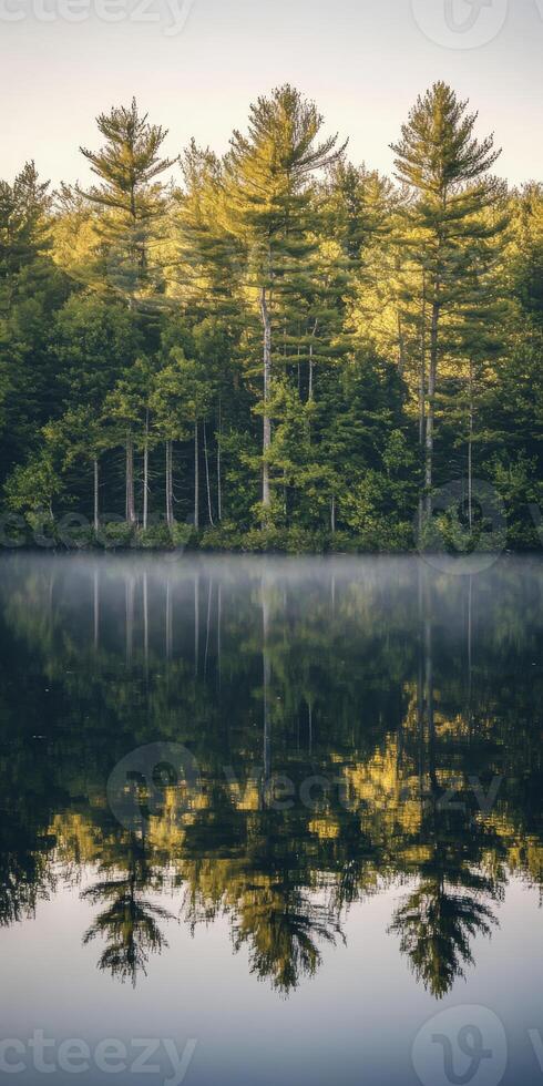 Mist over a calm lake at dawn photo
