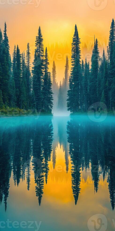 Tranquil lake surrounded by towering trees photo