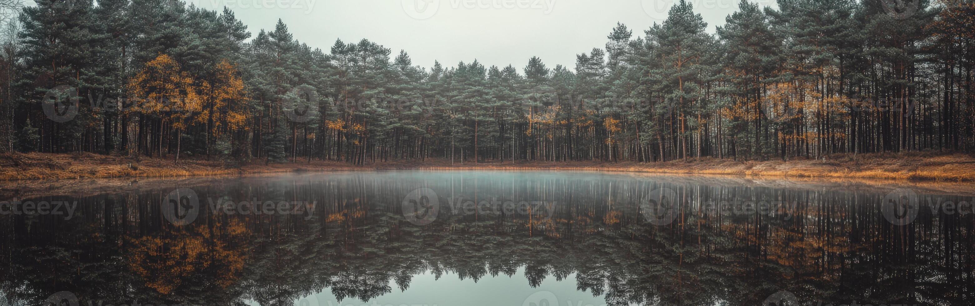 Calm lake mirrors autumn trees photo