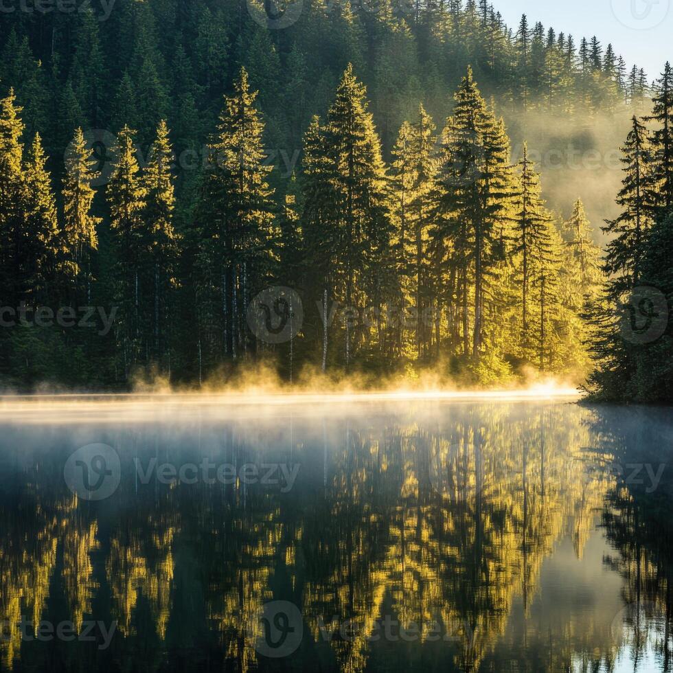 Still lake reflecting tall evergreen trees photo