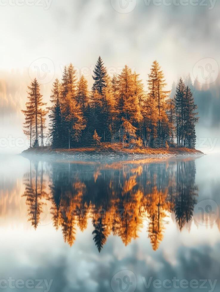 Still lake reflects autumn trees at dawn photo