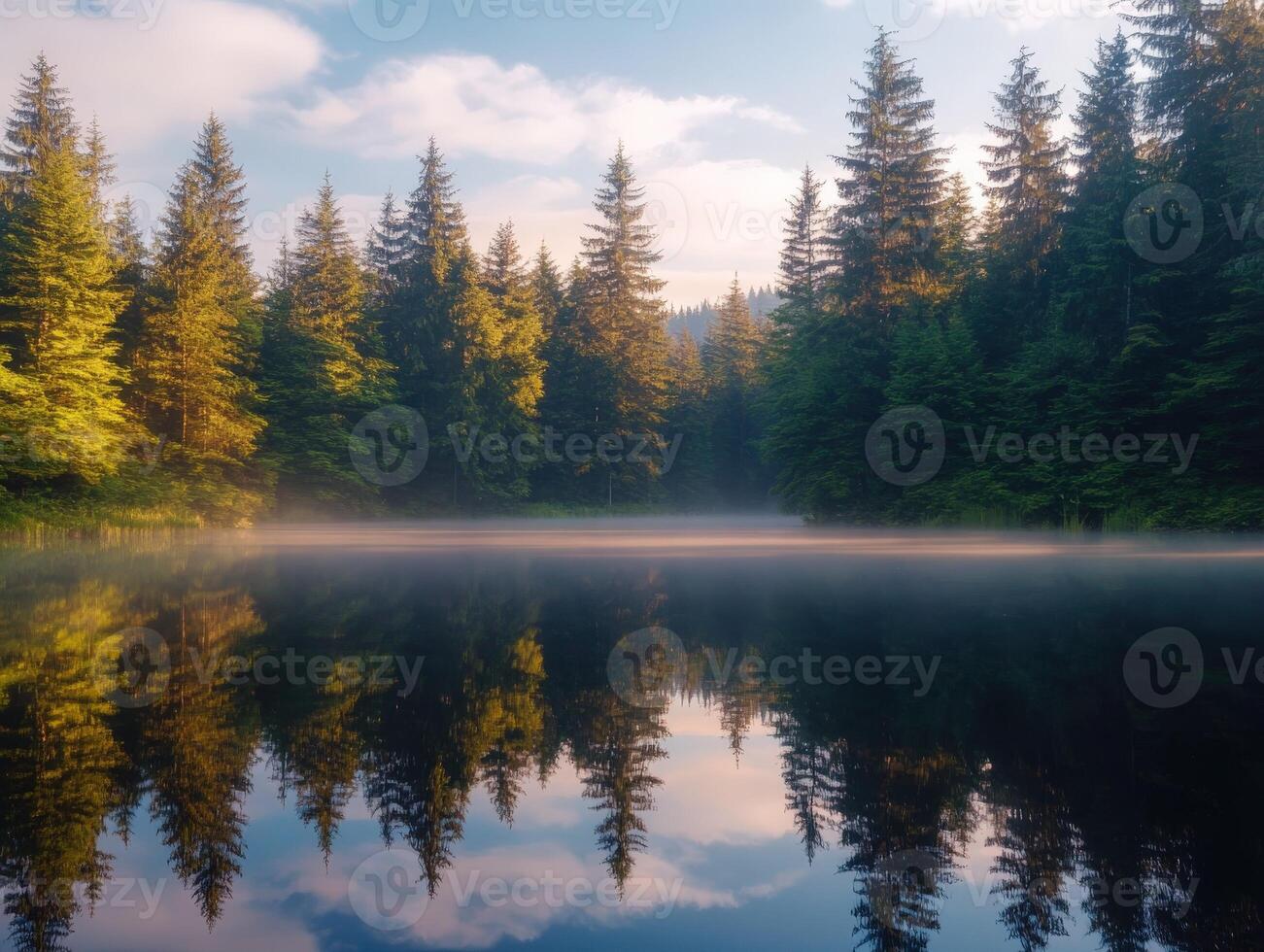 Still lake reflecting trees and morning light photo