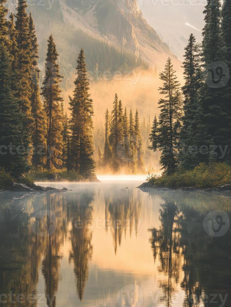 Still lake reflecting trees and morning mist photo