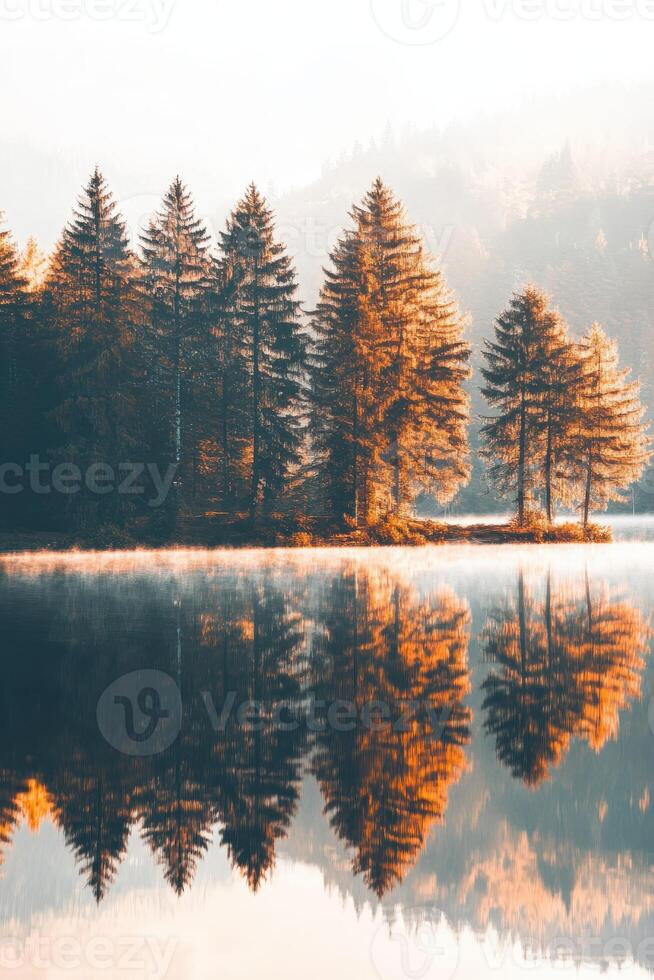 Still lake reflects autumn foliage and trees photo