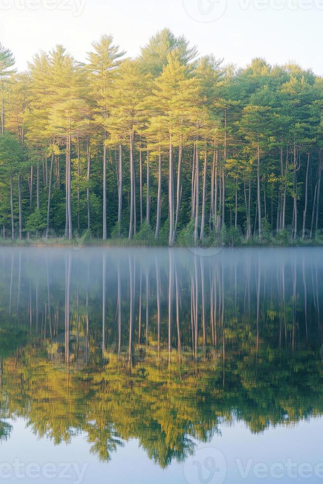 Calm lake, trees, morning fog photo