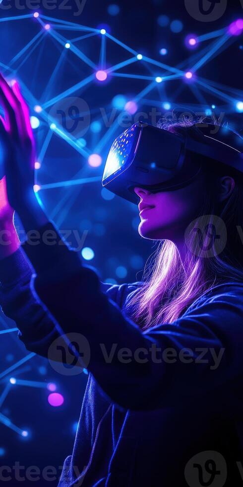 A woman wearing a virtual reality headset photo