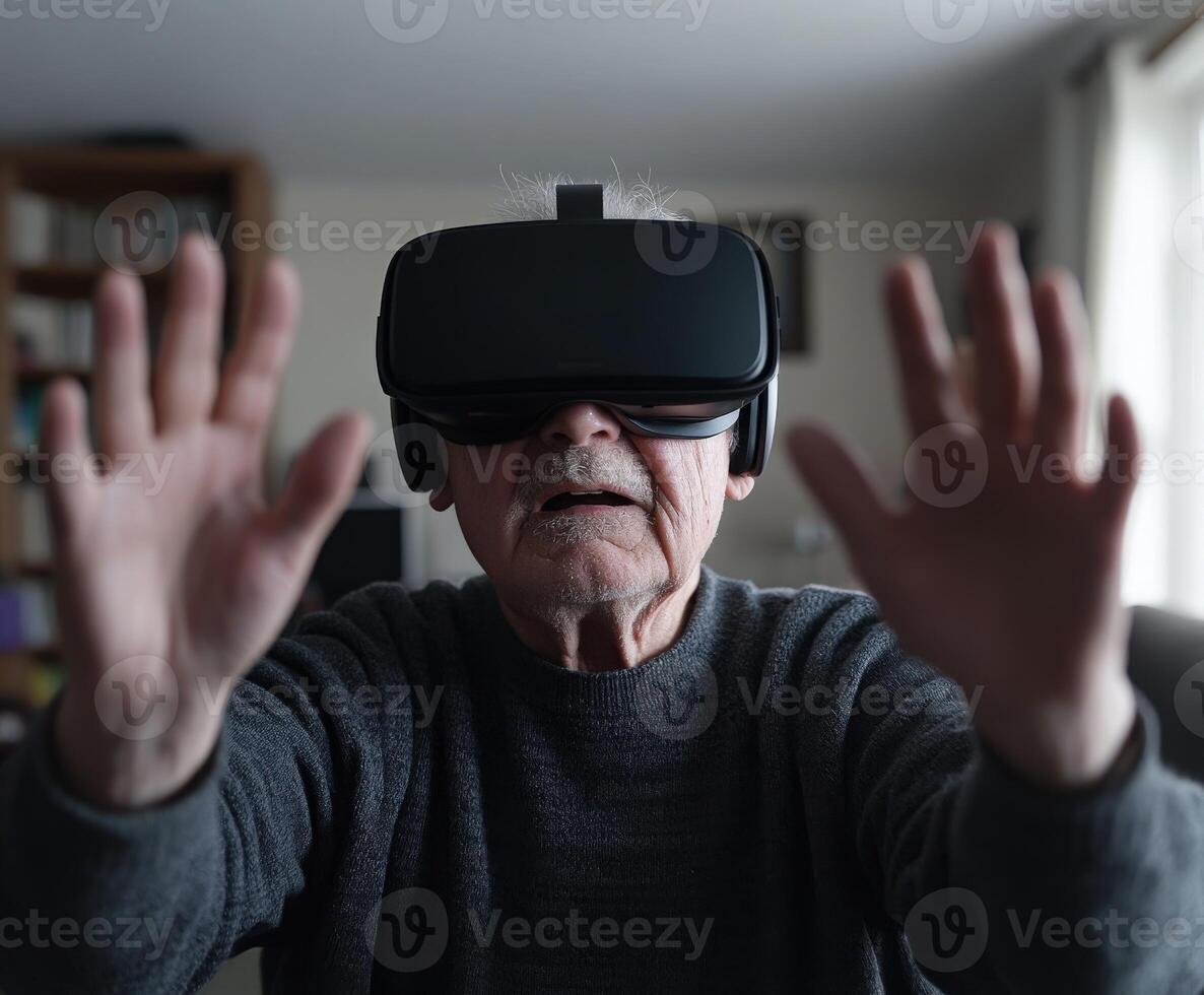 Elderly man tries VR at home photo
