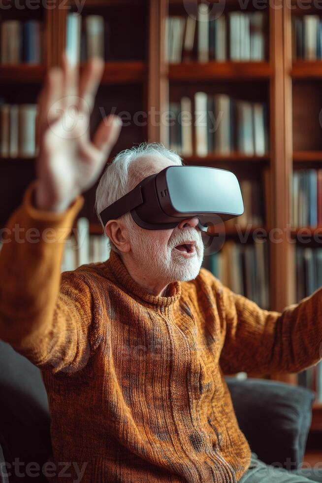 Elderly man enjoys indoor VR photo