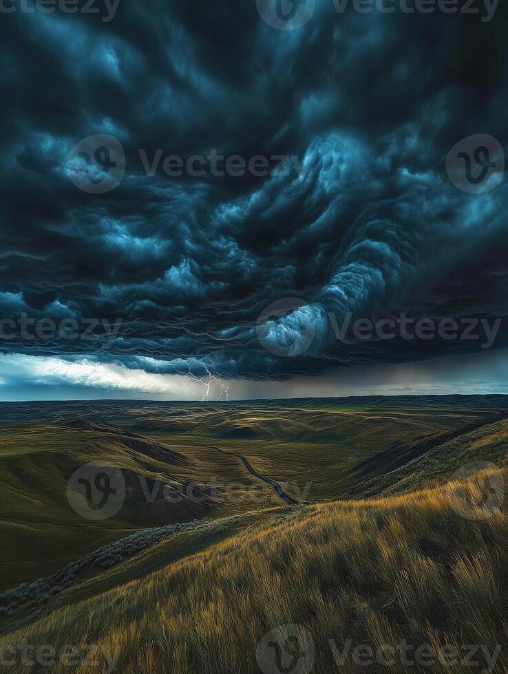 A stormy sky over a field with grass and tall grass photo