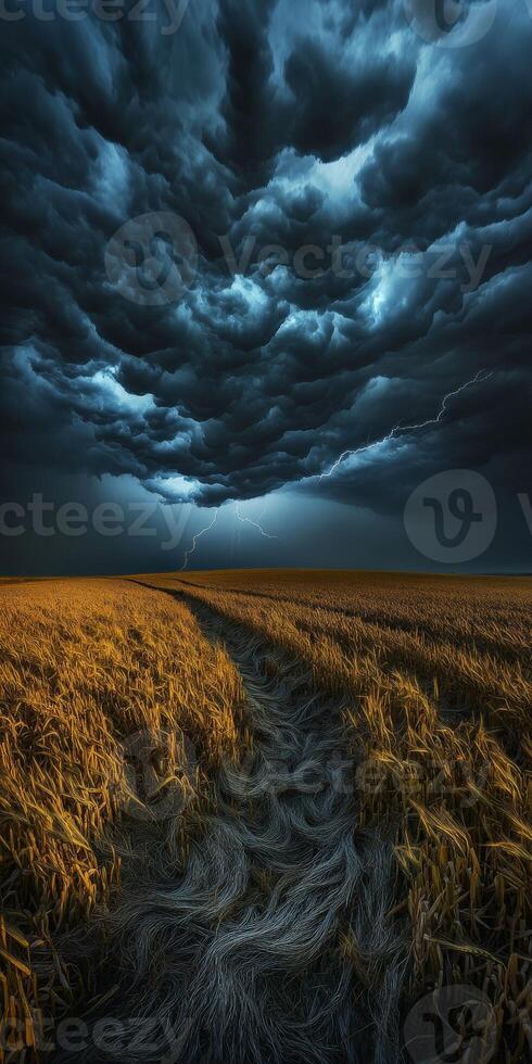A stormy sky over a field with a path leading to it photo
