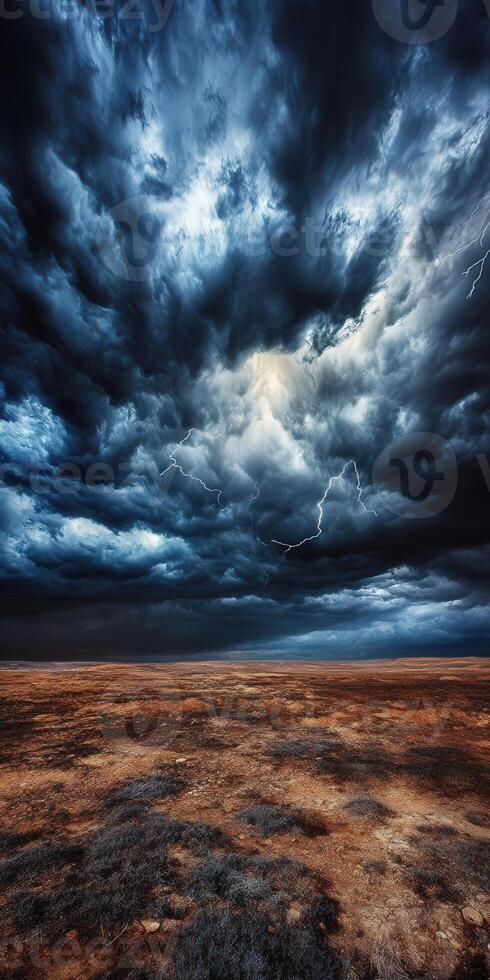 A stormy sky over a barren landscape with dark clouds photo
