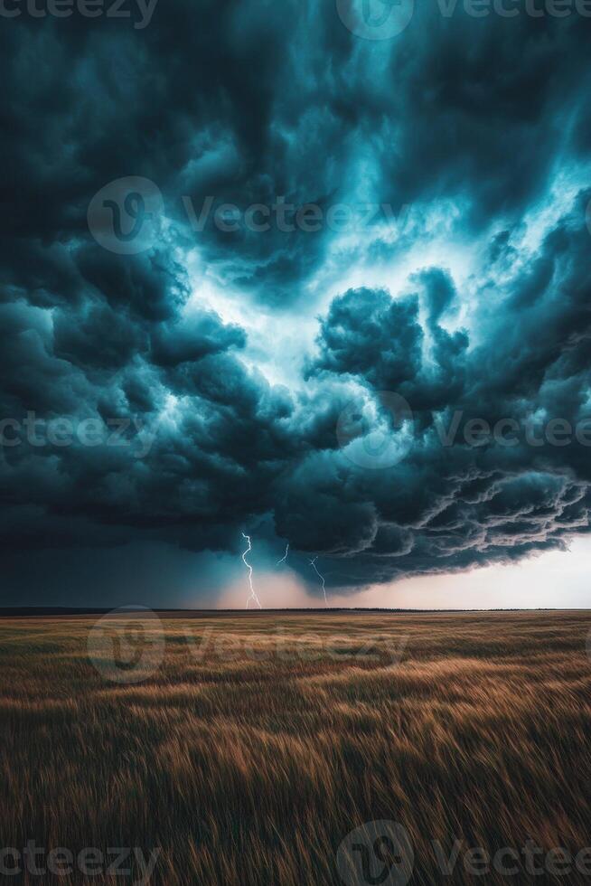 Dramatic clouds swirl over an open field photo