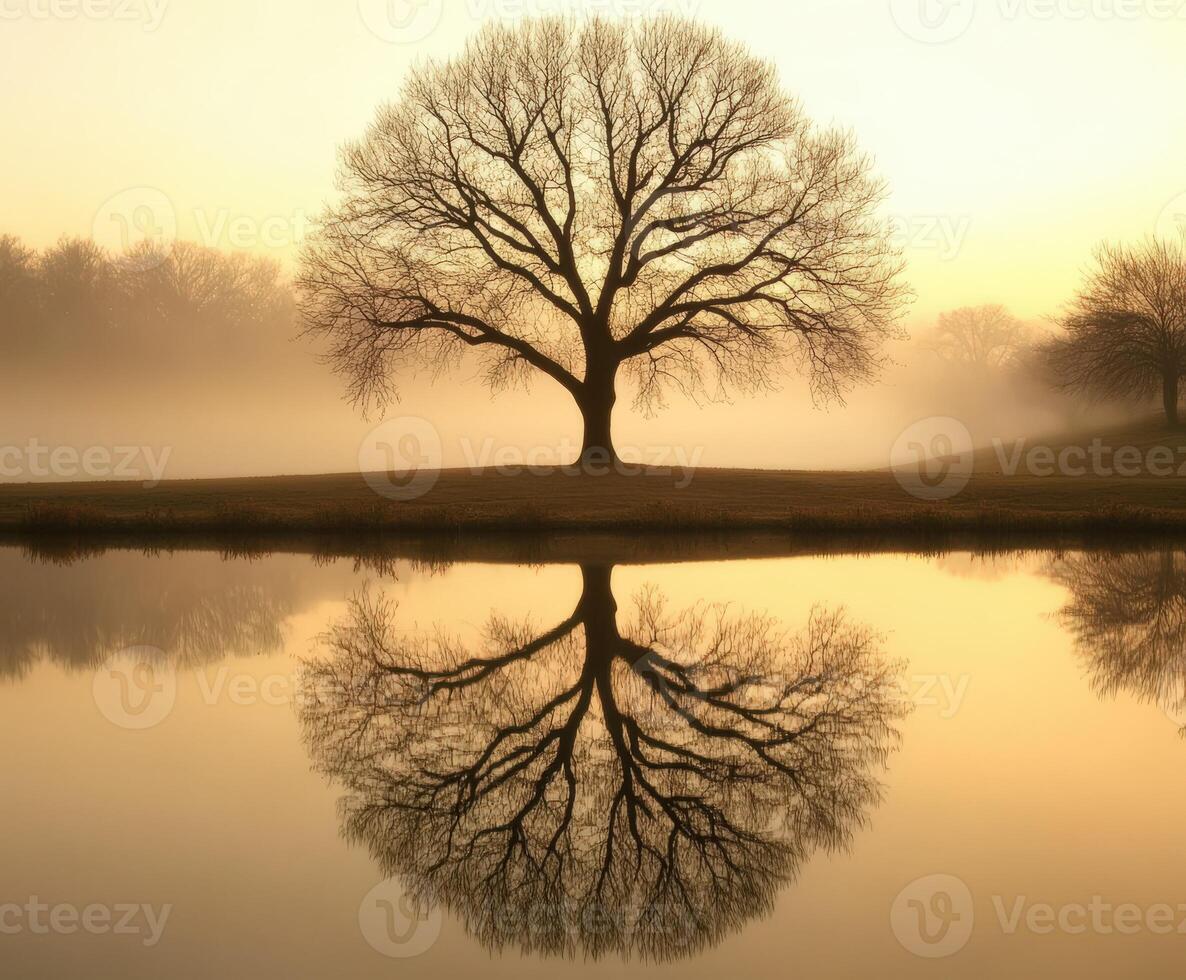 Trees reflected in calm water at sunrise photo