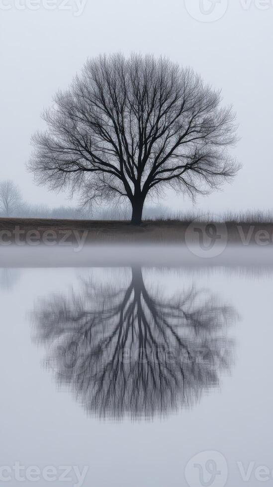 Misty tree reflection on calm water surface photo