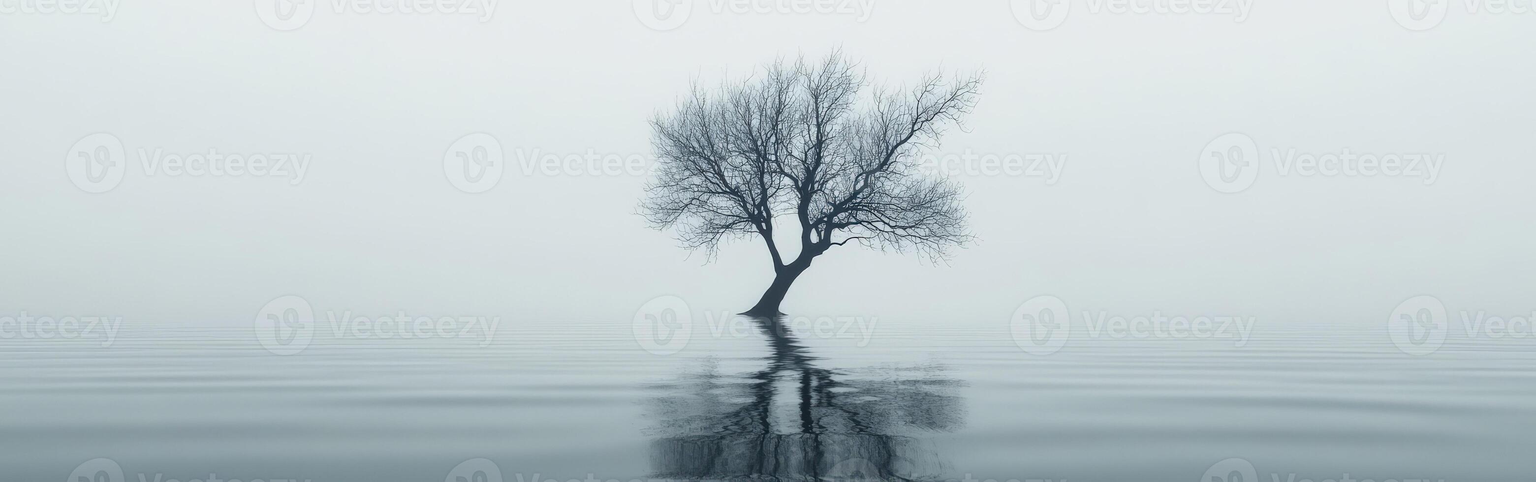 Lonely tree in misty water at dawn photo
