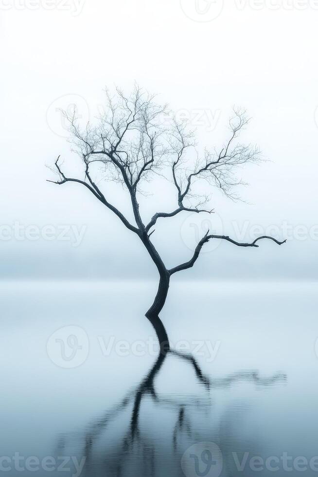 Lonely tree rises out of misty water at dawn photo