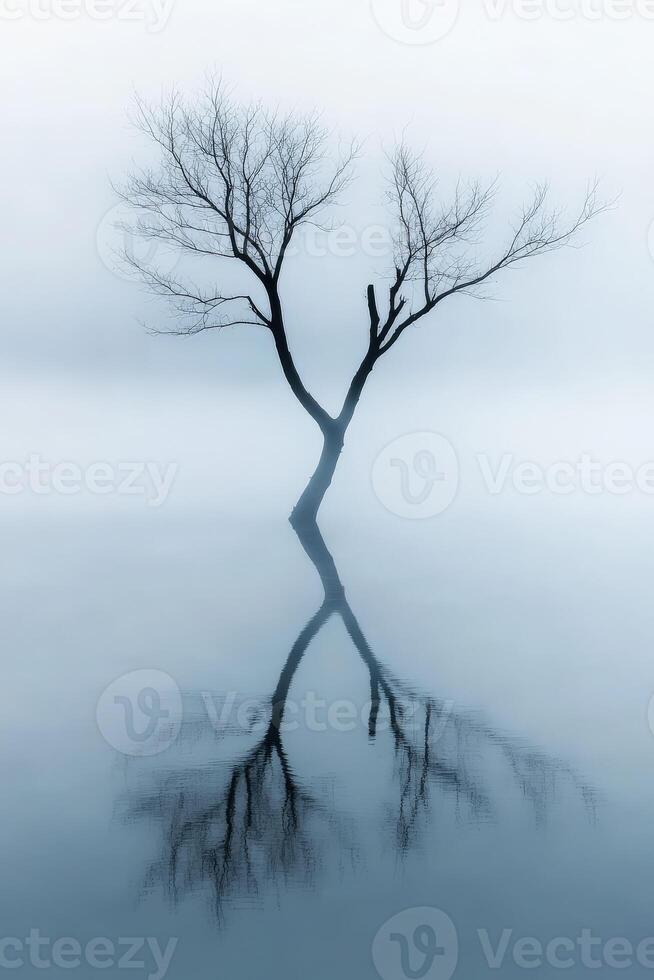 Lonely tree stands in fog over tranquil water photo