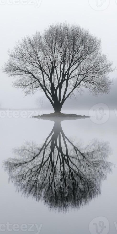 A tree is reflected in a lake on a foggy day photo