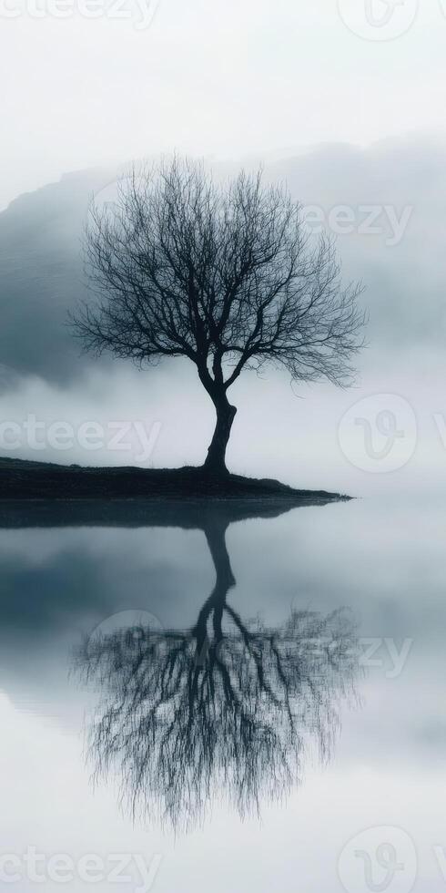 Lonely tree standing by misty lake at dawn photo