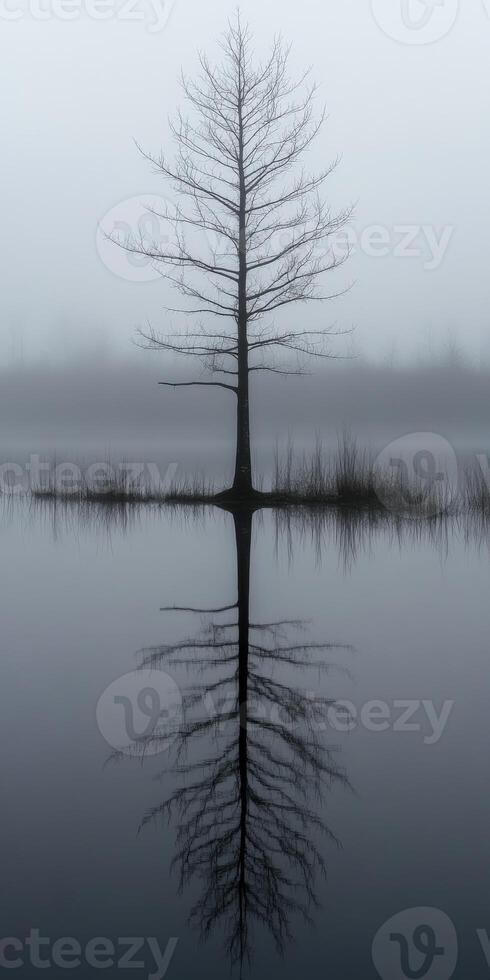 Lonely tree reflected in calm water at dawn photo