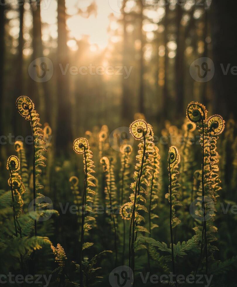 Sunlight filtering through lush fern fonds photo