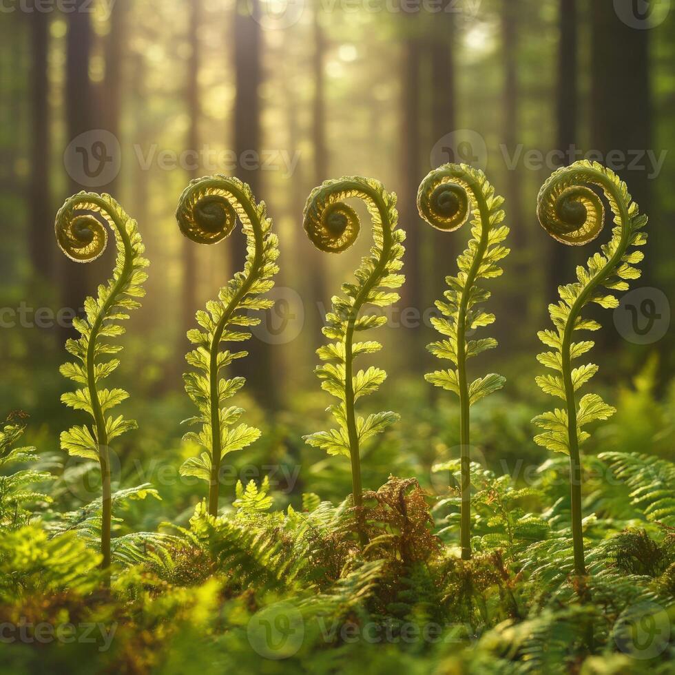 Fern fonds under soft sunlight in the forest photo