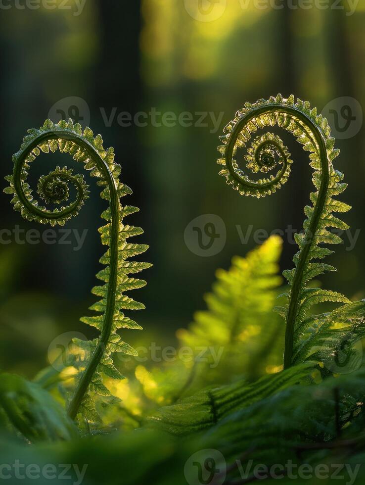 Curled fern fronds in soft forest light photo