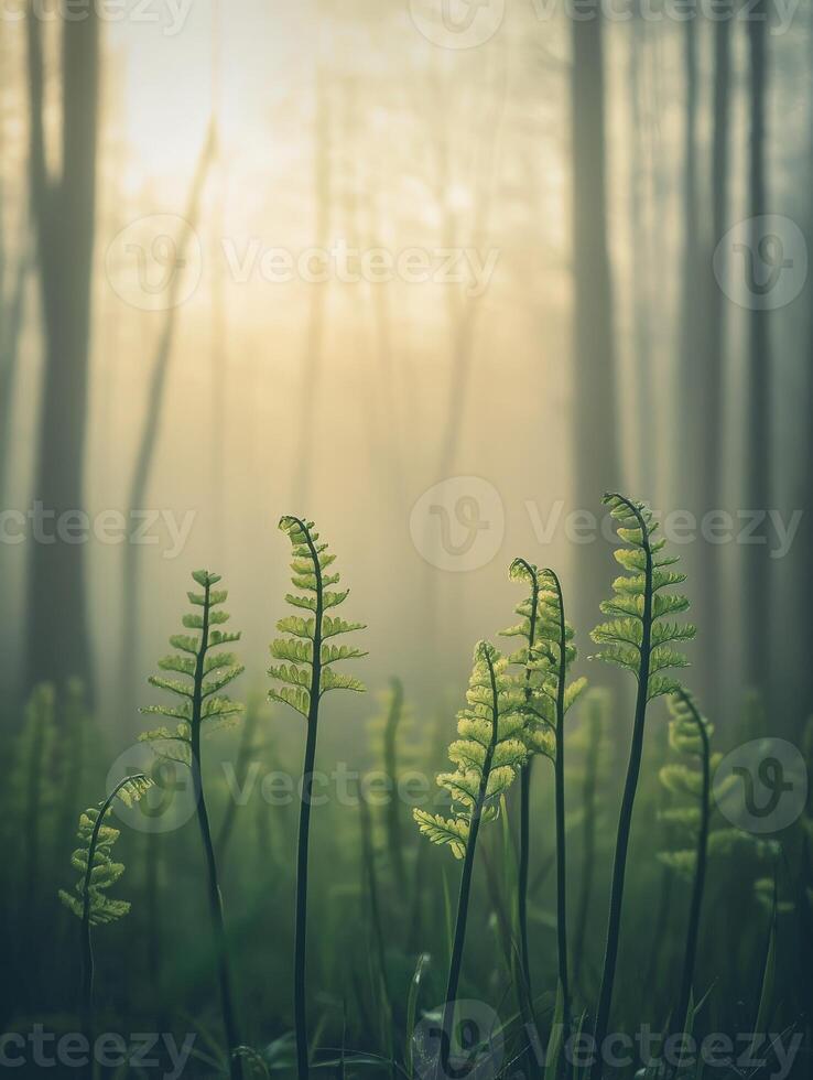 Ferns thrive in foggy forest morning light photo