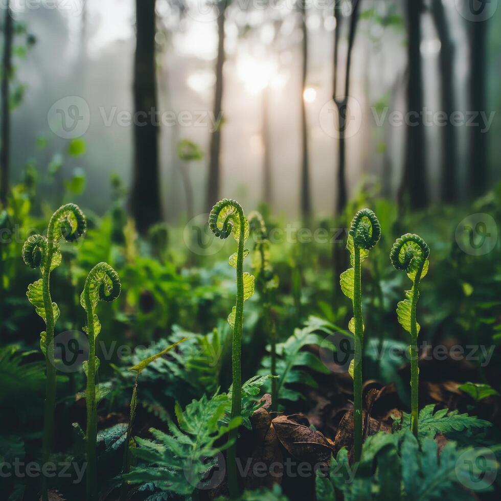 Emerging ferns in a misty forest setting photo