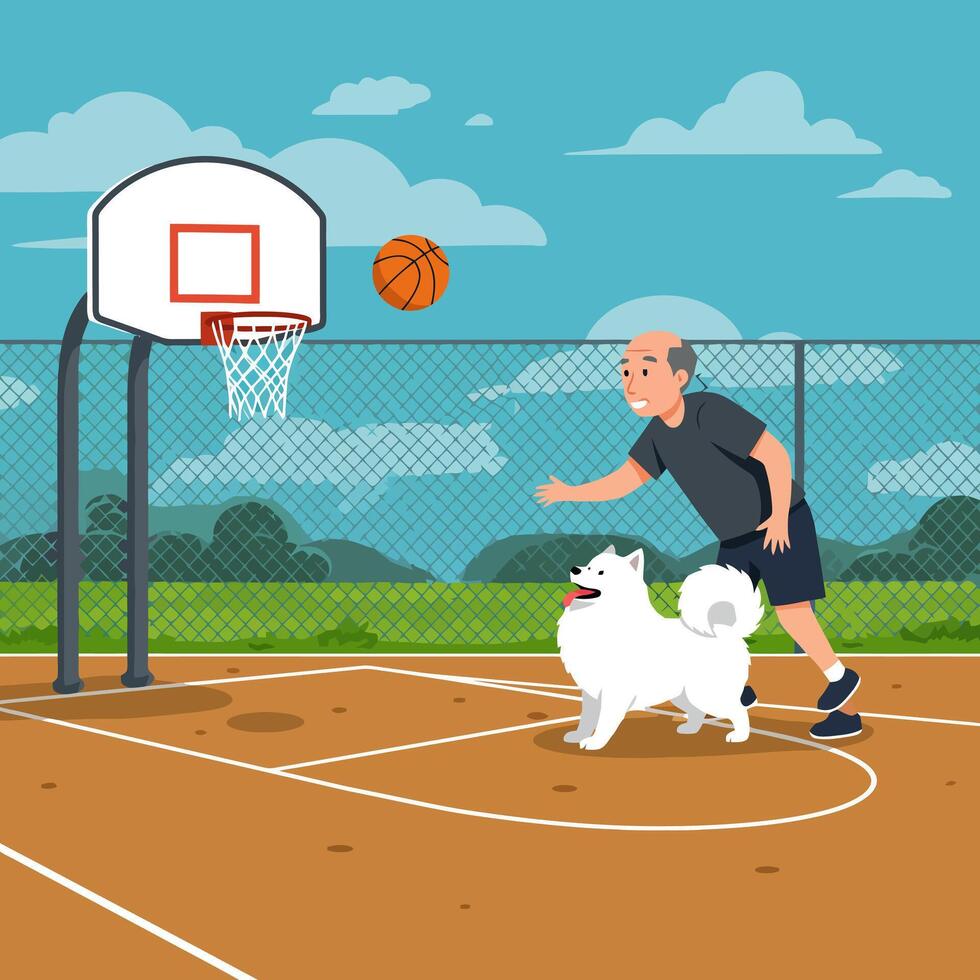 Man Playing Basketball with Dog Outdoors at Recreation Court Happily vector
