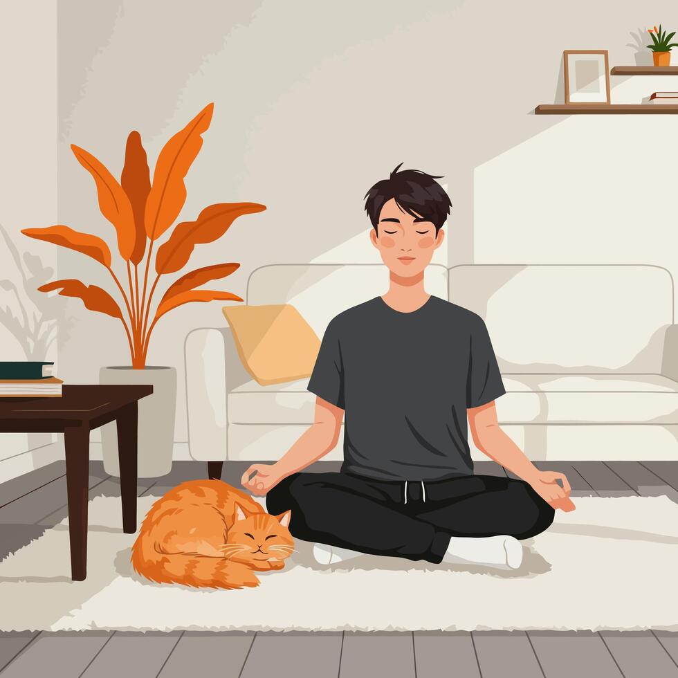 Man Meditating Indoors with Cat in Comfortable Relaxing Home Setting vector