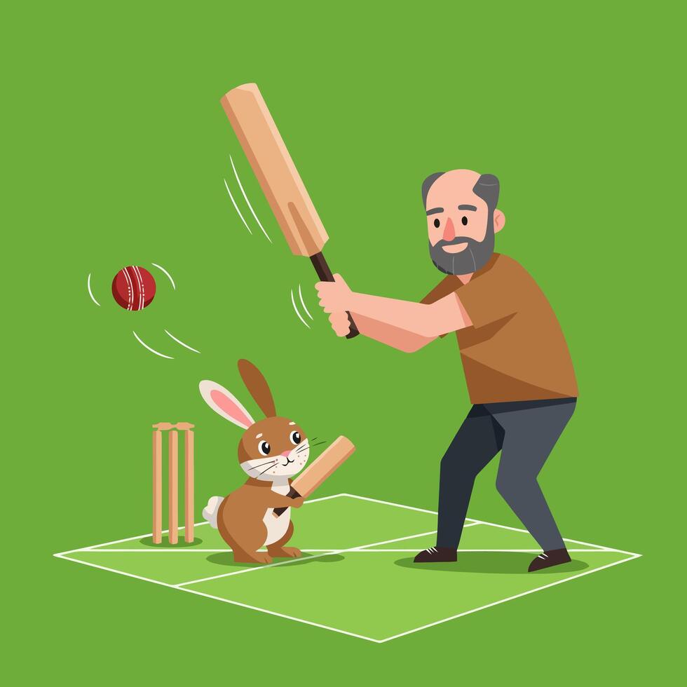 Man and Rabbit Playing Cricket in Green Field Illustration vector